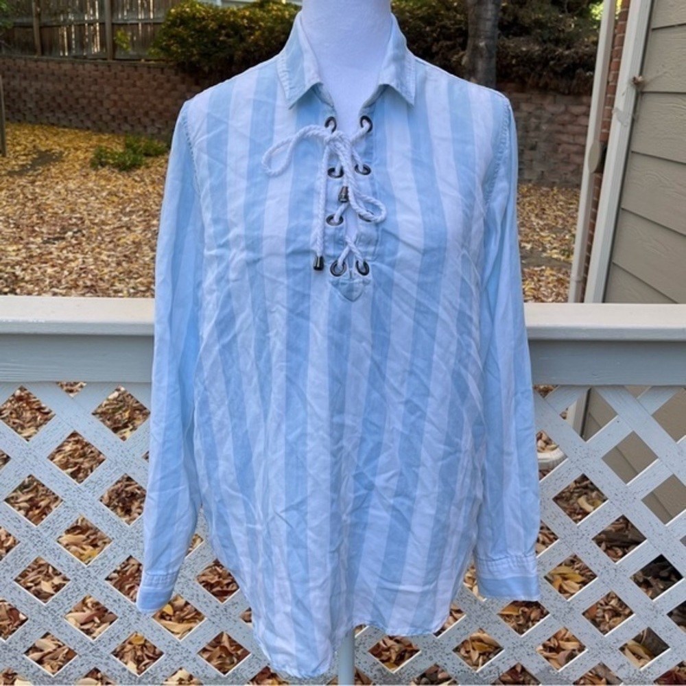 Rails Uli Block‎ Blue Stripe Shirt Lace Up Neck Nautical Coastal Top L/XL ? Read - Picture 2 of 12